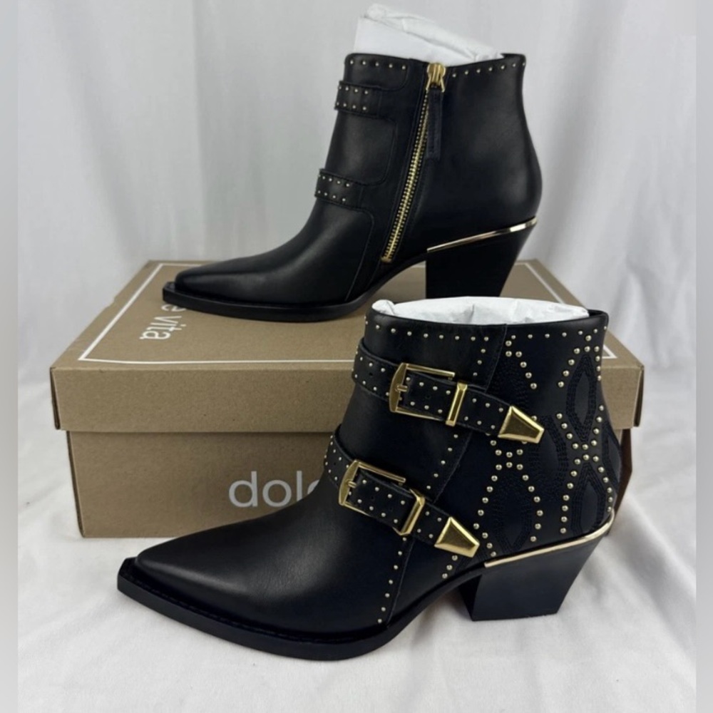 Dolce Vita Ronnie Black Leather Ankle Boots | Gold Studs | 6.5 | NIB 🌟Rare🌟 - Picture 2 of 16